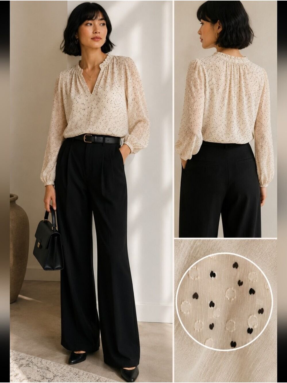 HILARY RADLEY CREAM SWISS DOT HEART PRINT BLOUSE SHEER SLEEVES SMALL NWOT